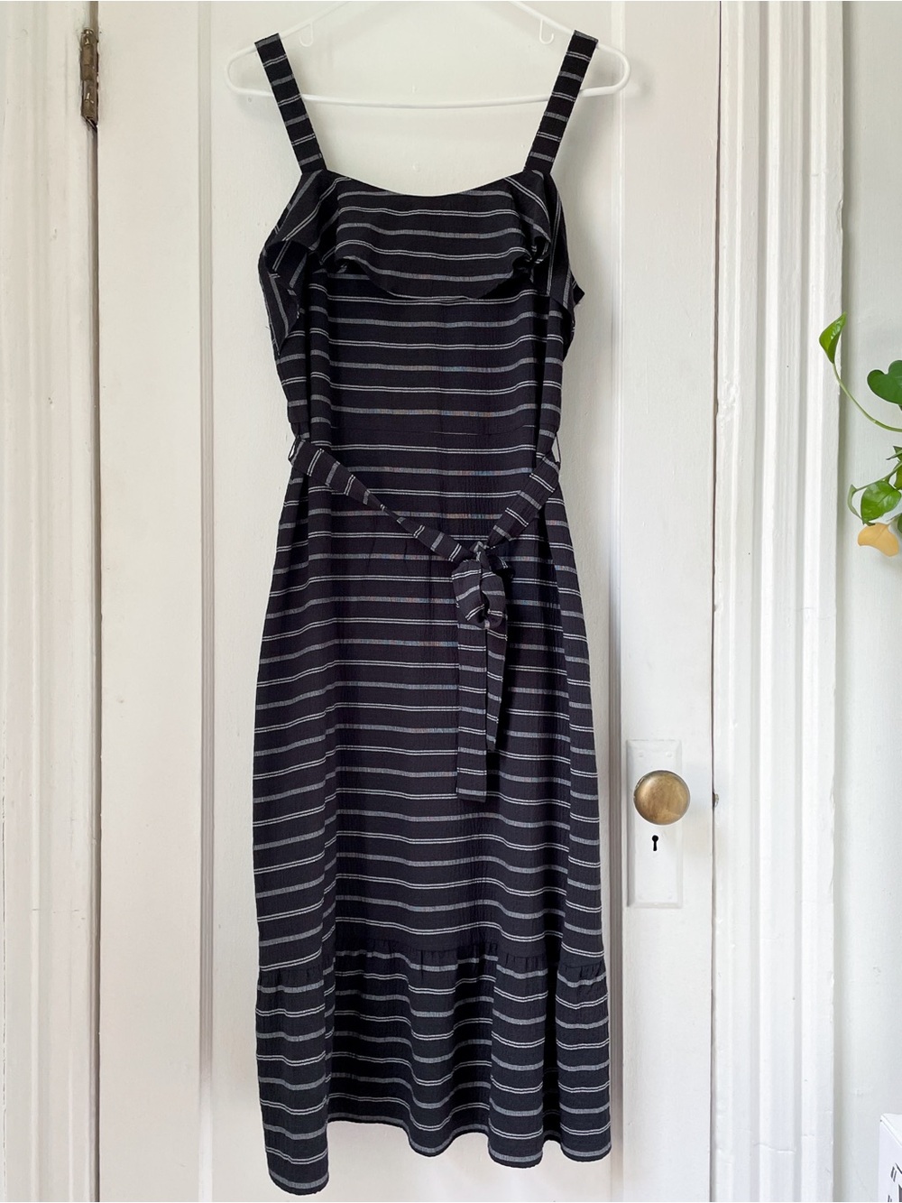 Banana Republic Black and White Striped Midi Dress with Waist Tie